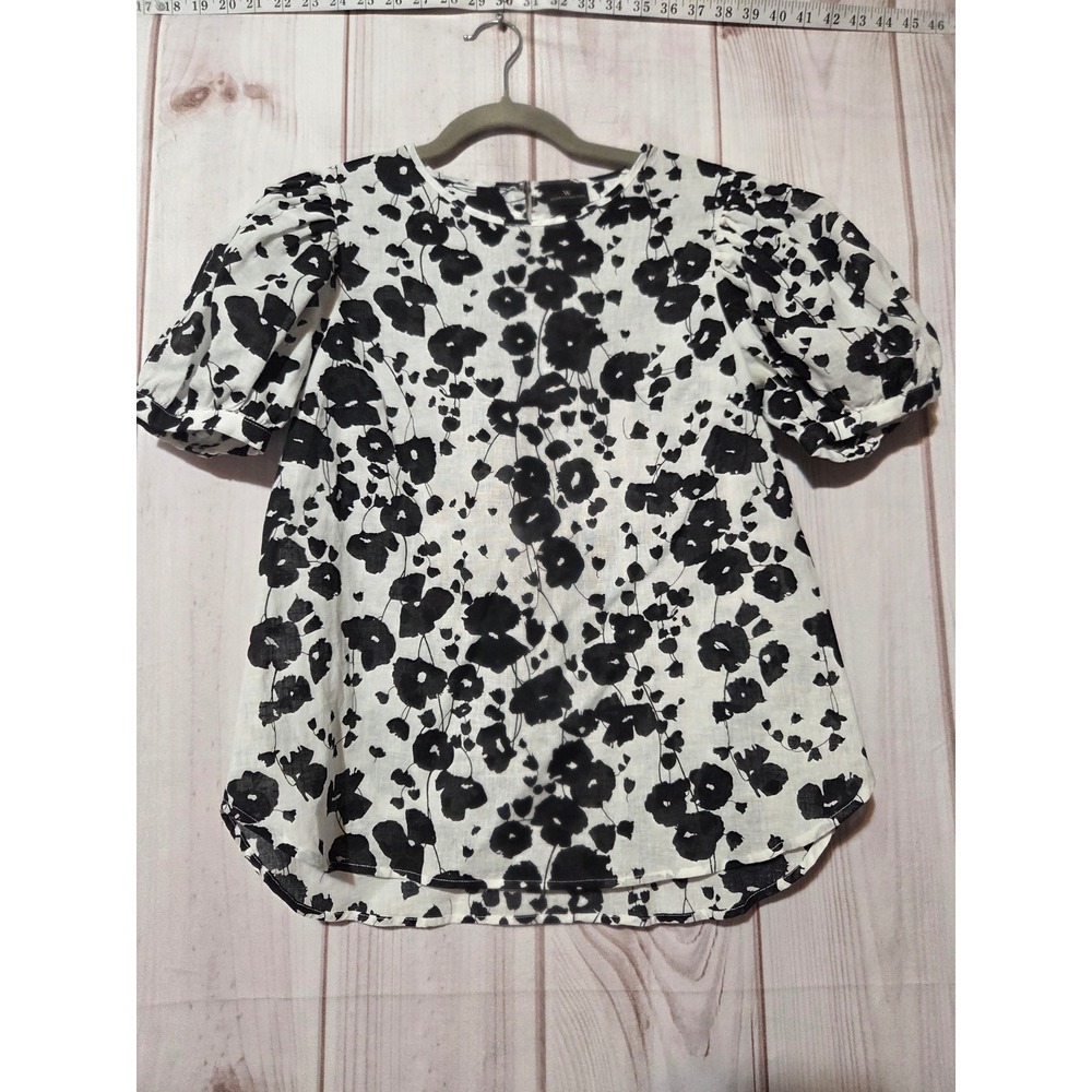 Worthington Womens Small Black White Floral Linen Cotton Puff Sleeve Blouse Top